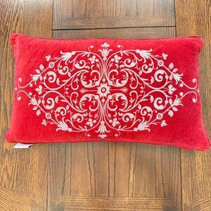 Storehouse Red Velvet Pillow Down Feather Fill Lumbar Silver Embroidered Holiday